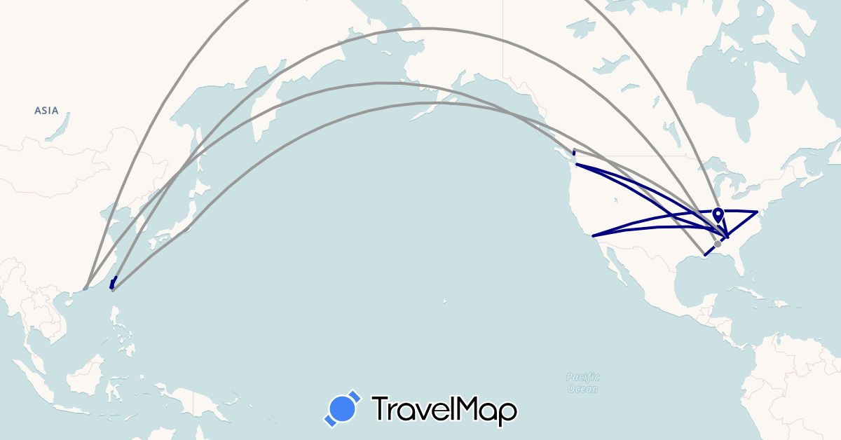 TravelMap itinerary: driving, plane, boat in Canada, Hong Kong, Japan, Macau, Taiwan, United States (Asia, North America)